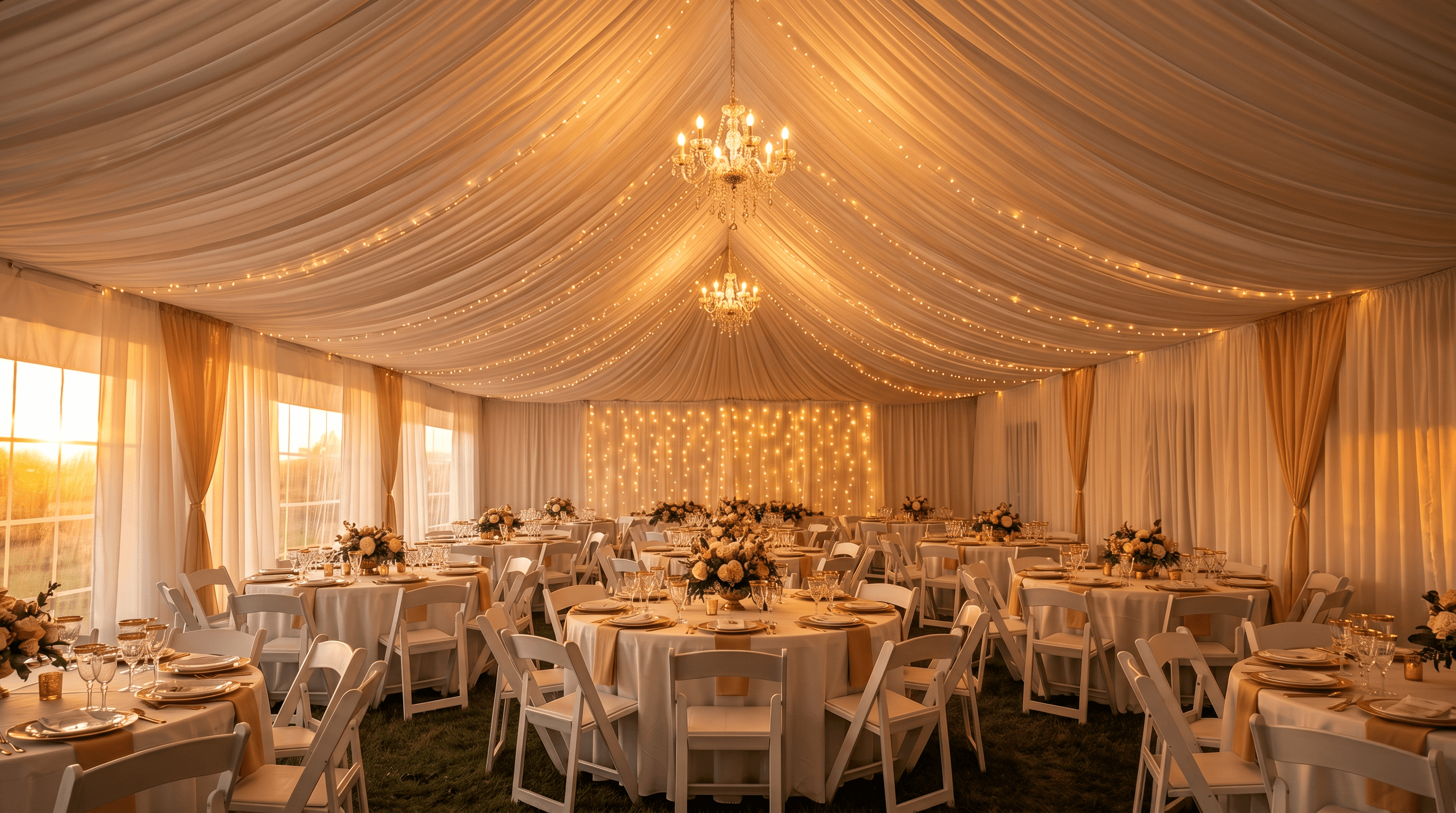 Elegant wedding under draped tent at golden hour