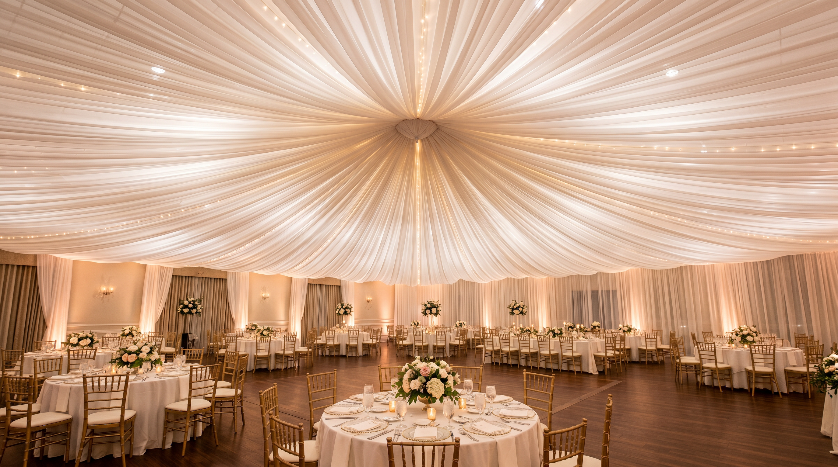 Full-room spider draping installation in a Sacramento ballroom — white fabric panels radiating from a center ceiling anchor covering the entire ceiling above round banquet tables with gold chiavari chairs
