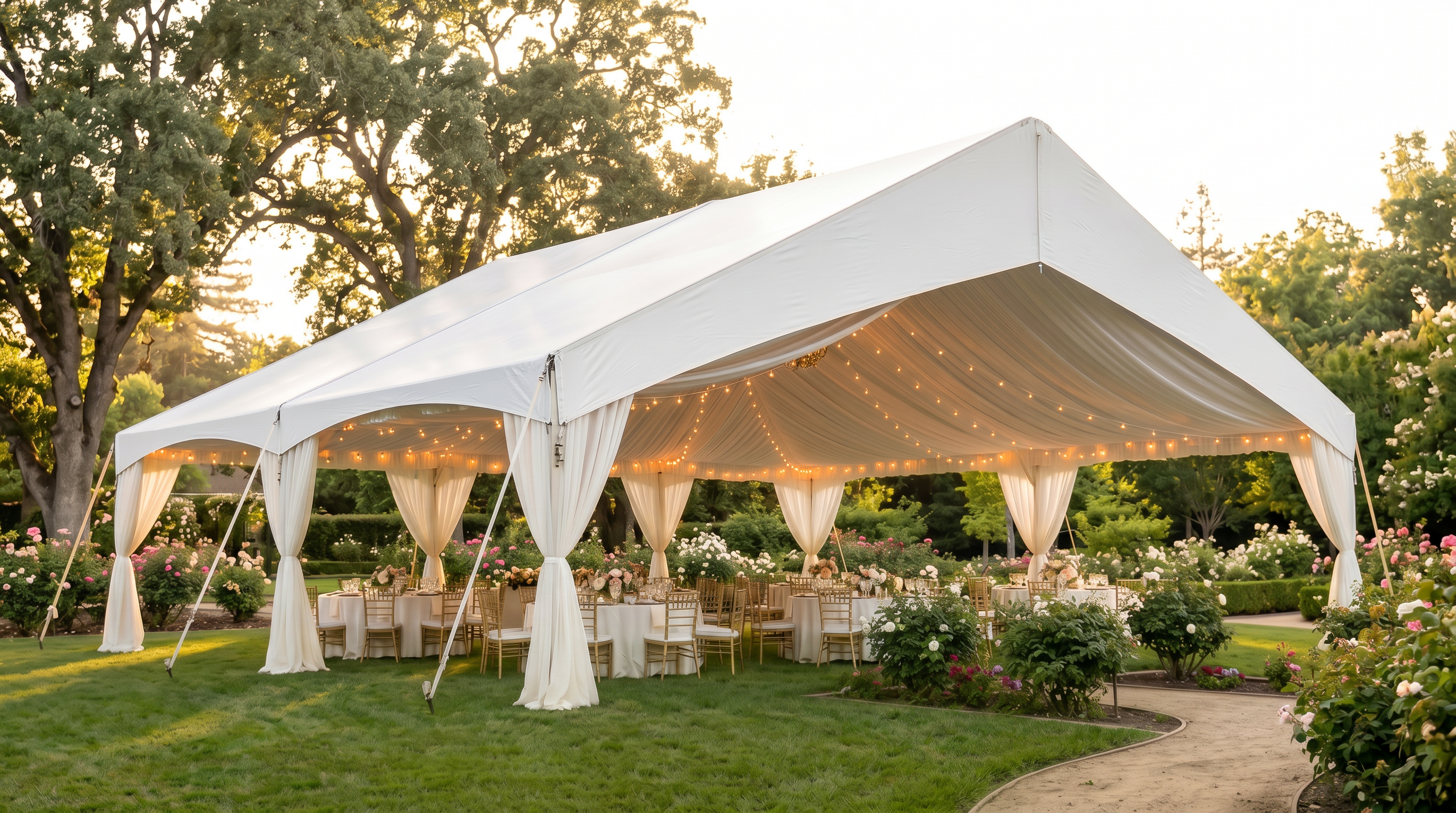 Beautifully decorated quinceañera tent setup with draping and chandeliers in Sacramento