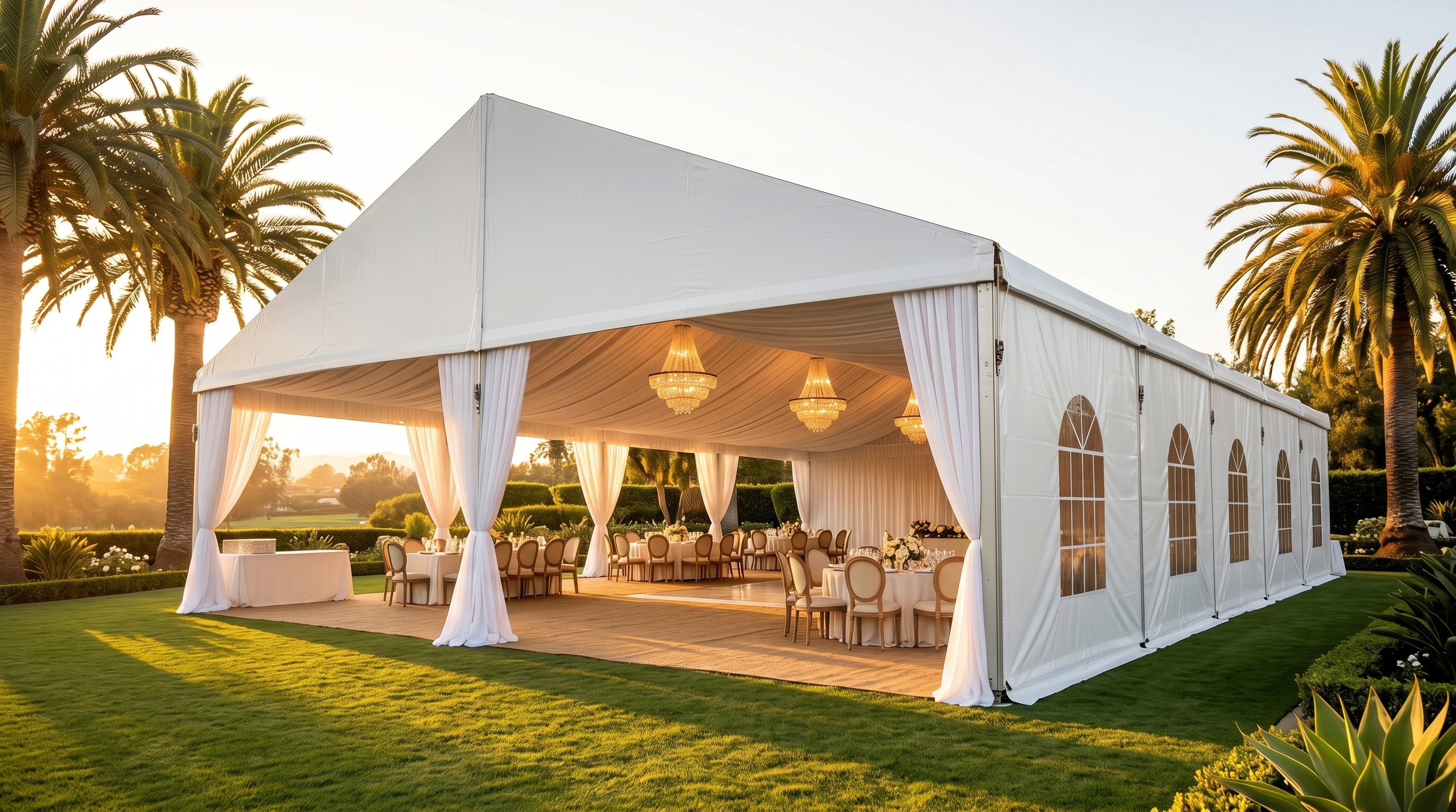 Large outdoor party tent set up for an event in Sacramento